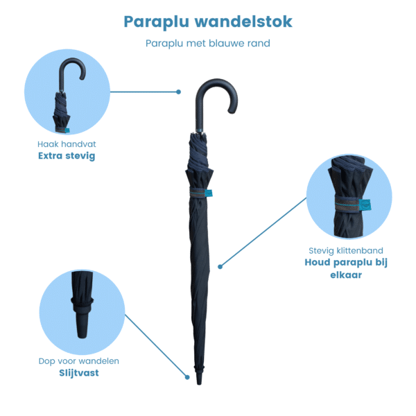 classic canes paraplu zwart met blauwe rand details